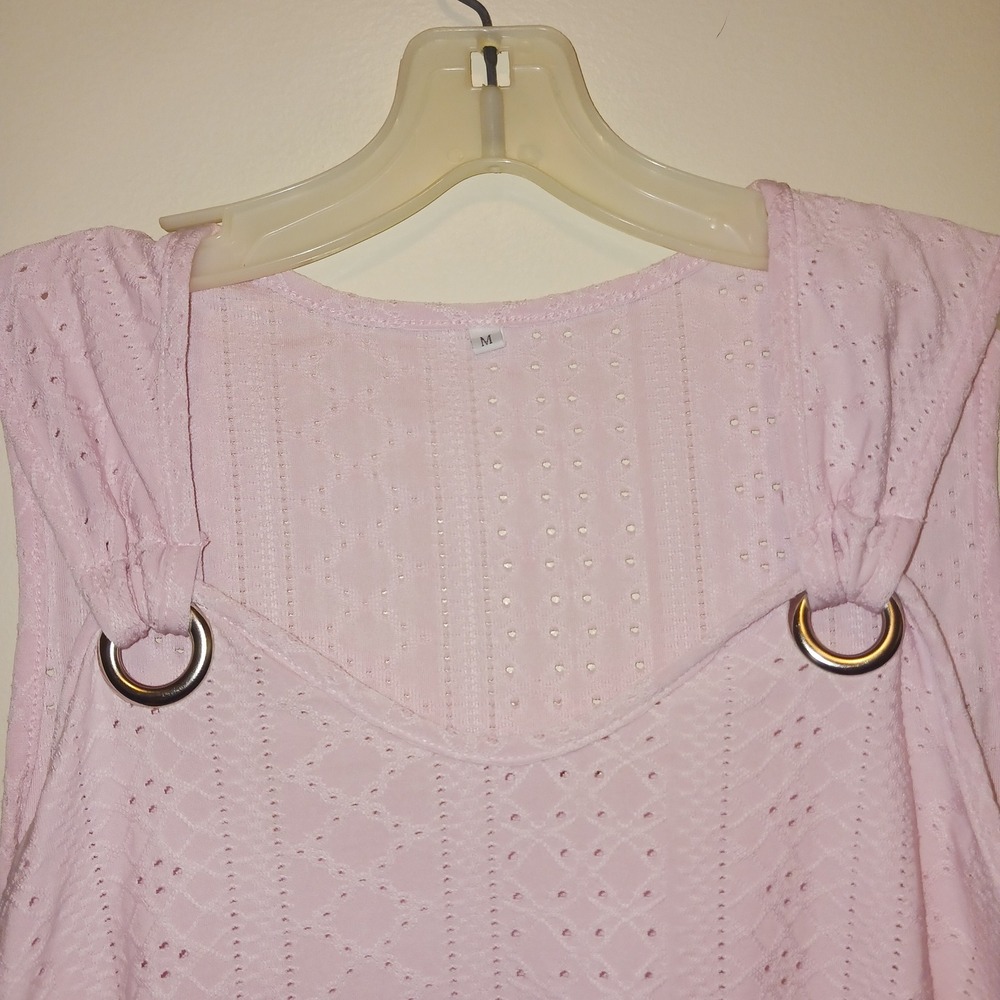 Cottagecore Boho Coquette Romantic Pink Eyelet Knit Tank Top Metal Ring M - Picture 3 of 5